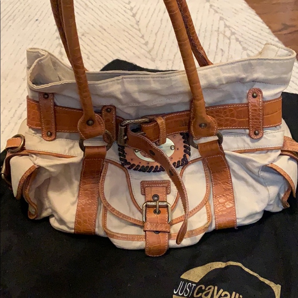 Just Cavalli leather canvas hand bag tan brown - Picture 2 of 8